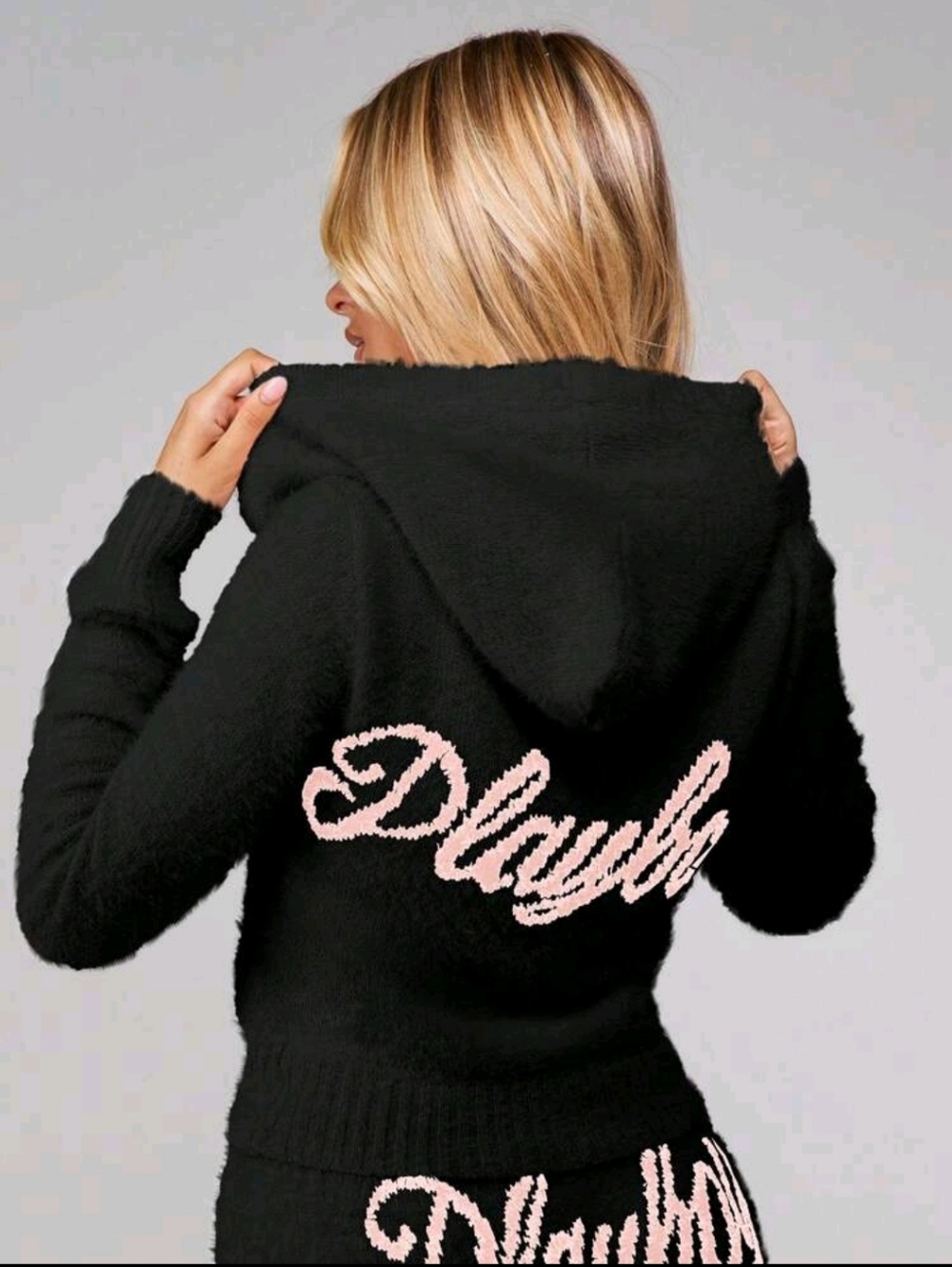 PLAYBOY Black Fuzzy Hoodie with Pink Script Logo